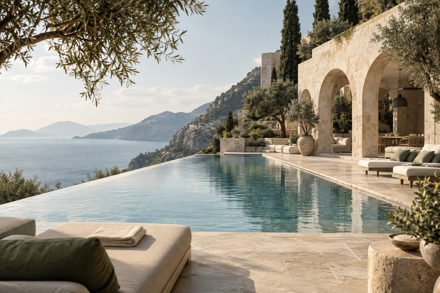 Illustration d’une terrasse hôtelière méditerranéenne, piscine et vue sur la mer